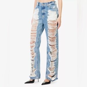 Good American Ripped Blue and White Straight Leg Jeans